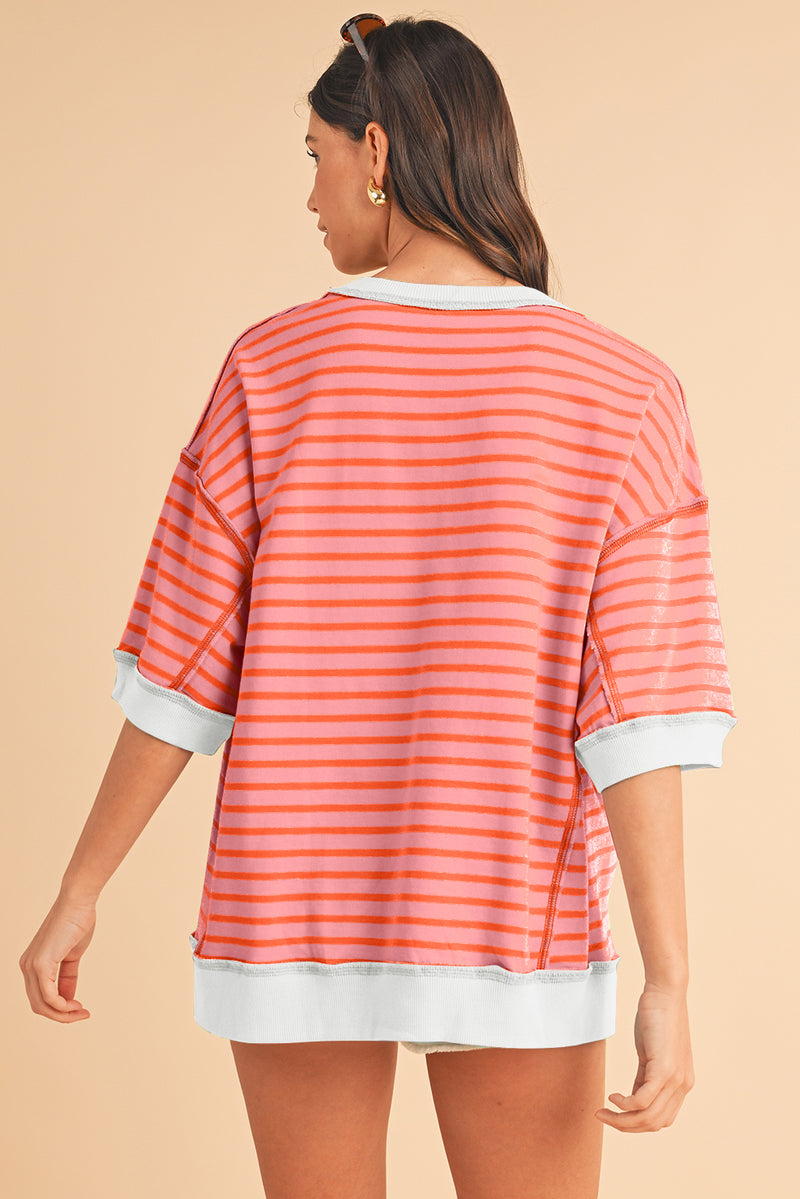 Multicolour Stripe Contrast Trim Drop Sleeve Loose Top