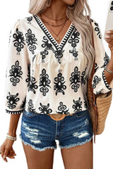 Black Ethnic Abstract Print Puff Sleeve V Neck Blouse