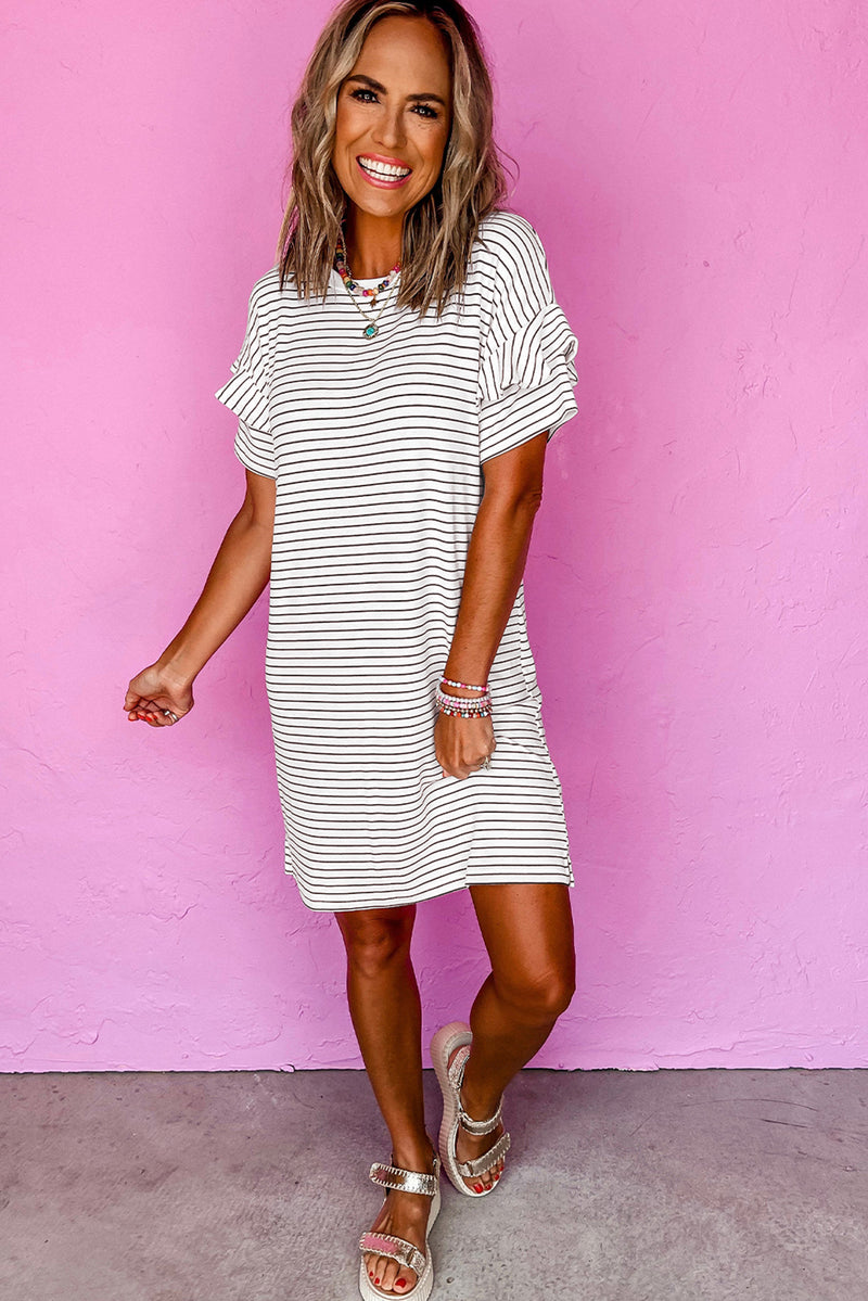 White Stripe Ruffle Short Sleeve T Shirt Mini Dress