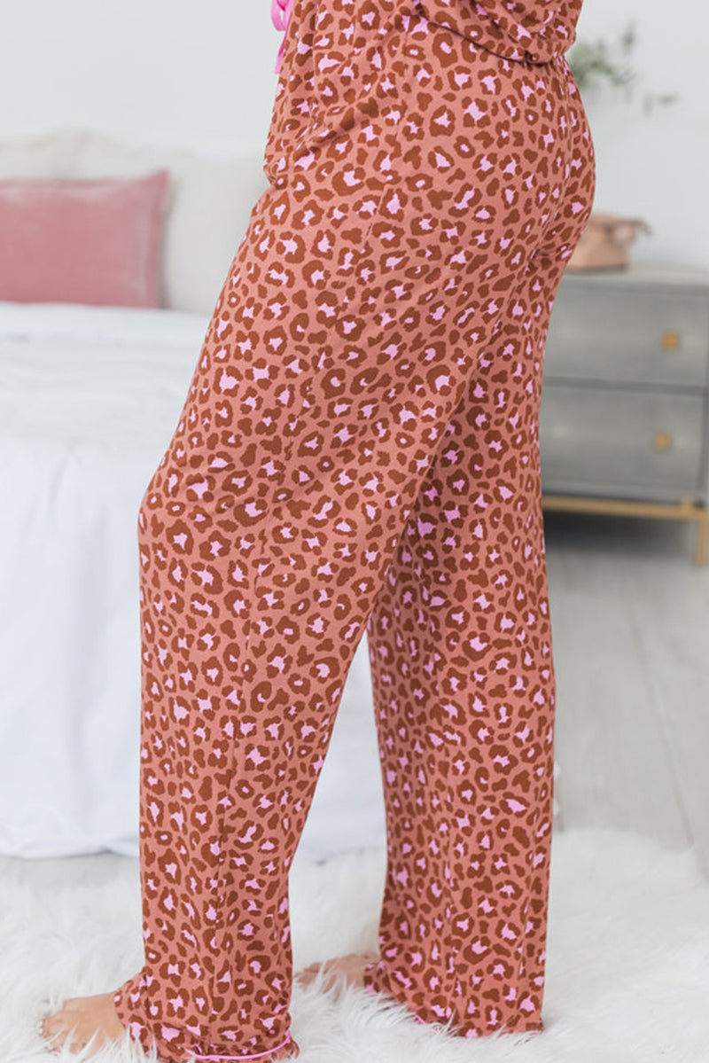 Brown Leopard Print Short Sleeve Shirt and Pants Pajamas Set