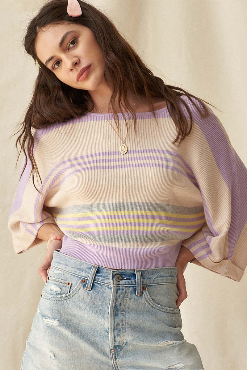 Purple Striped Rib-Knit Cropped Top