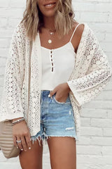 White Hollow Out Crochet Knit Drop Shoulder Open Front Cardigan