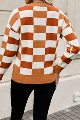 Orange Checkered Crew Neck Drop Shoulder Knit Sweater