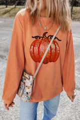 Orange Crinkle Ribbed Halloween Sequin Pumpkin Graphic Sweatshirt