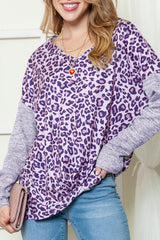 Leopard Print V Neck Drop Shoulder Long Sleeve Top