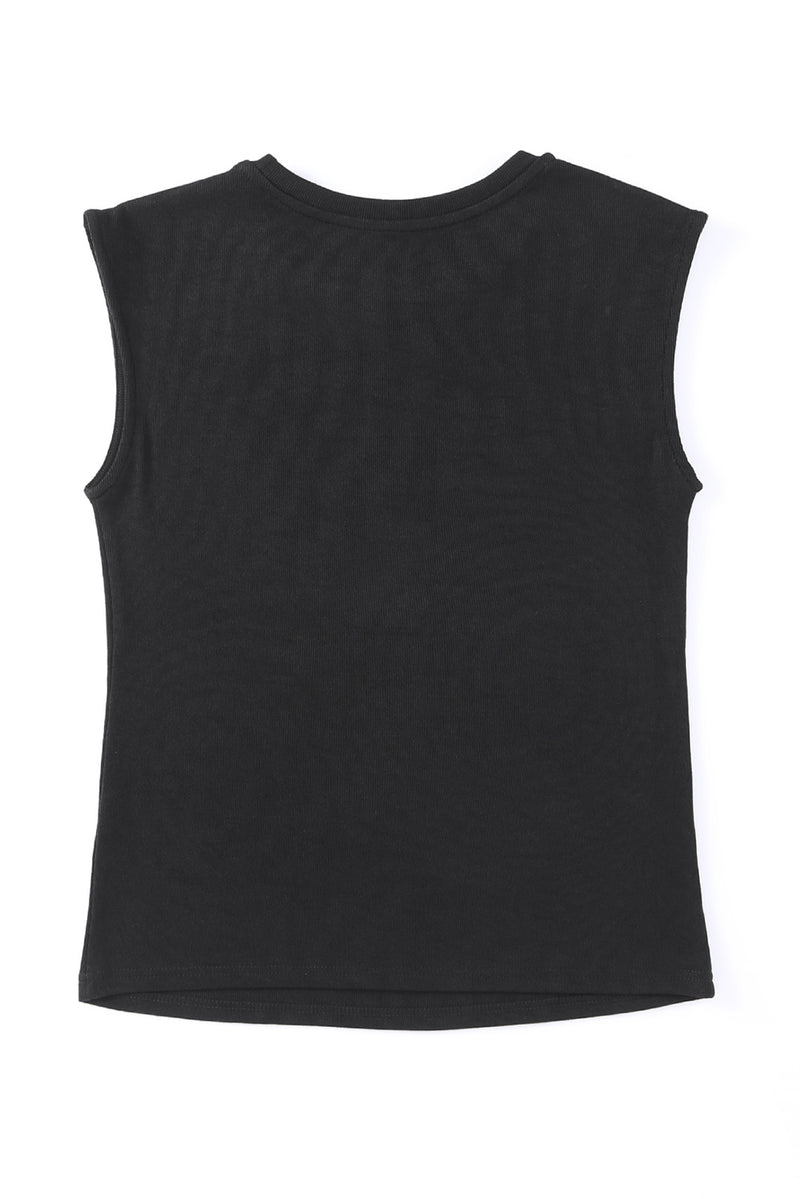 Black Solid Slash Cutout Summer Sleeveless Top