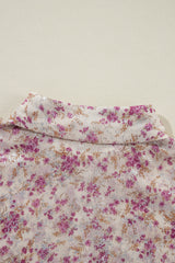 Pink Ditsy Floral Print Bishop Sleeve Collared V Neck Shirt