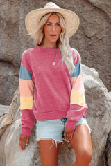 Rosy Color Block Casual Drop Sleeve Sweatshirt