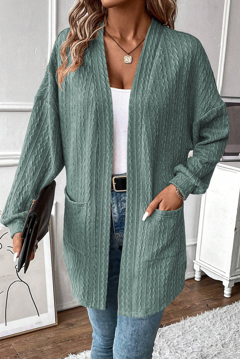 Chestnut Textured Knit Side Pockets Open Front Cardigan