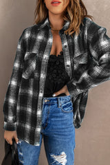 Black Button Up Collared Plaid Shacket