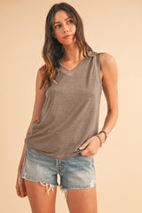 Simply Taupe Contrast Trim V-Neck Loose Fit Tank Top