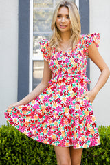 Multicolor Smocked Bodice Ruffle Trim Floral Short Dress