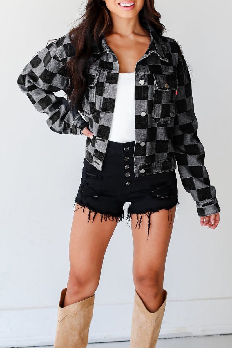 Black Checkered Patchwork Button Up Denim Jacket