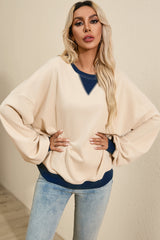 White Color Block Drop Shoulder Crewneck Oversized Sweatshirt