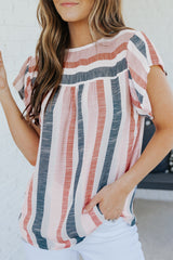 Pink and Blue Stripes Shirt Flutter Sleeve V Neck Blouse for Women