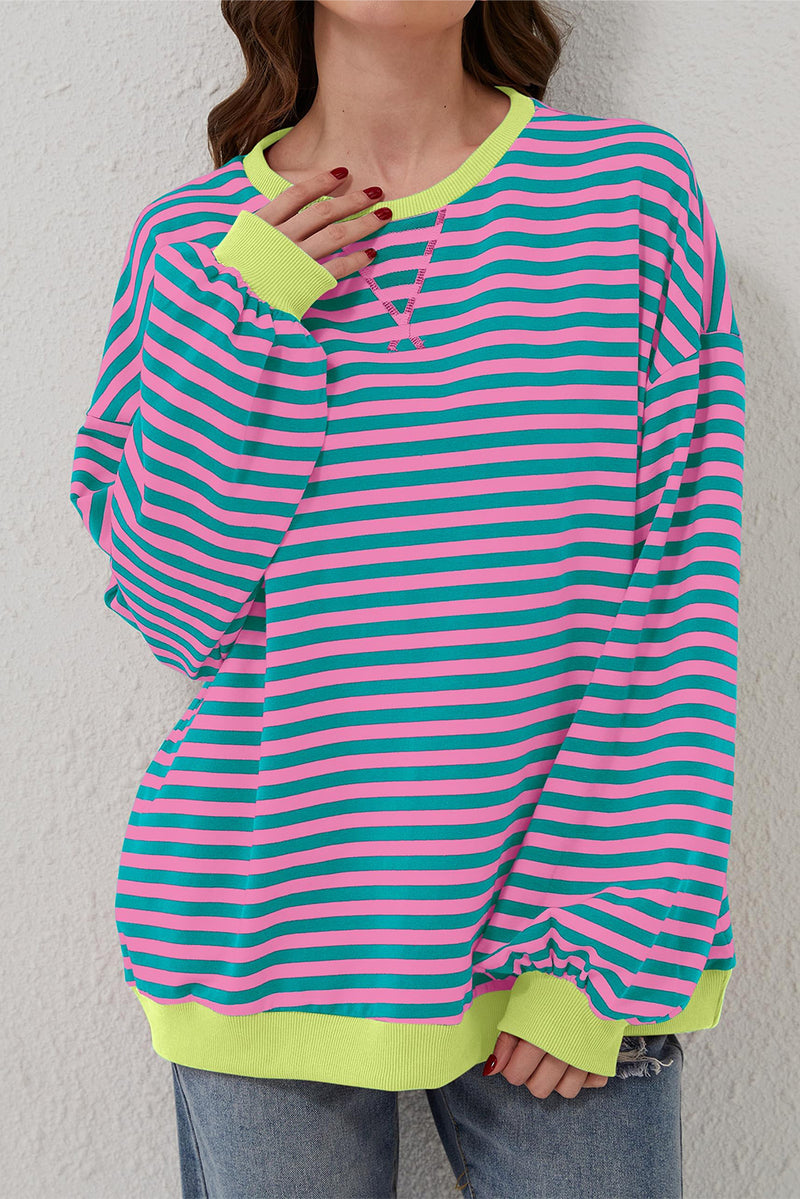 Green Stripe Contrast Edge Oversized Sweatshirt