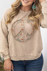 Pale Khaki Floral Peace Graphic Washed Plus Size Sweatshirt