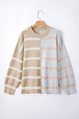 Khaki Stripe Exposed Seam Patchwork Loose Sweatshirts