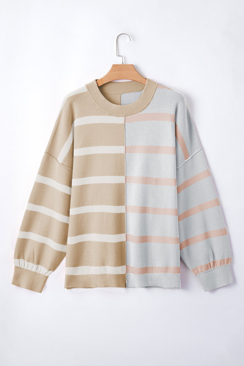 Khaki Stripe Exposed Seam Patchwork Loose Sweatshirts