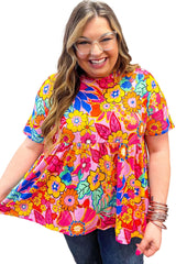 Pink Boho Floral Print Plus Size Babydoll Blouse