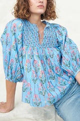 Sky Blue Floral Striped Smocked V Neck Blouse