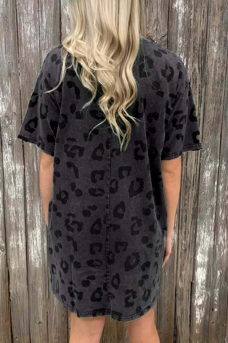Gray Short Sleeve Casual Leopard Print Dress With Pockets