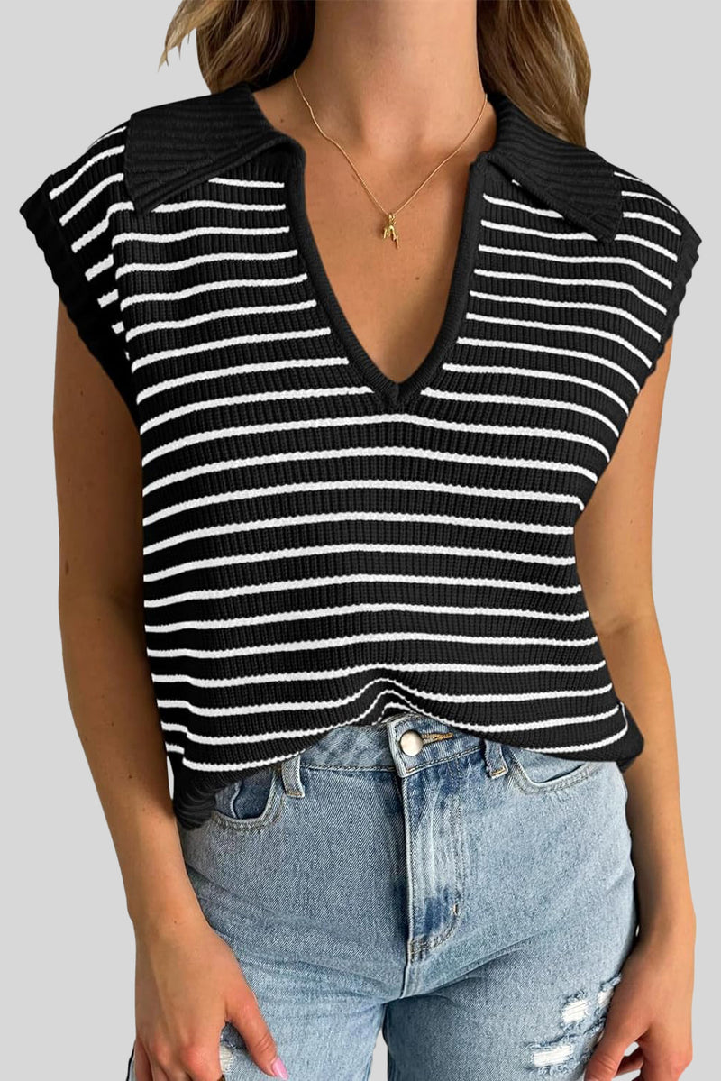 Black Stripe Turn-down Collar Sleeveless Knitted Top