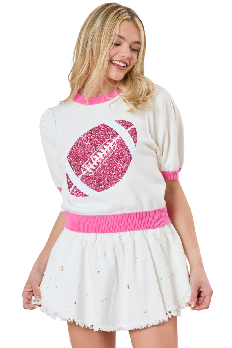 Pink Sequin Rugby Color Block Puff Sleeve Knit Top