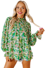 Green Abstract Print Puff Sleeve Frill Neck Shirred Blouse