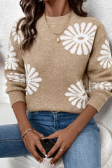 Pale Khaki Floral Print Round Neck Sweater