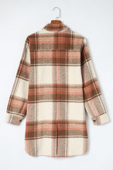 Brown Plaid Casual Button Up Flannel Long Shacket with Flap Pockets