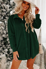 Green Velvet Button Front Shirt Mini Dress