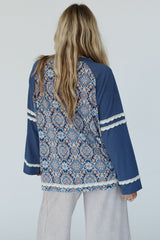 Blue Boho Geometric Print Lace Ricrac Raglan Sleeve Blouse