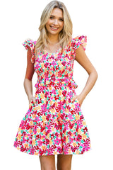 Multicolor Smocked Bodice Ruffle Trim Floral Short Dress