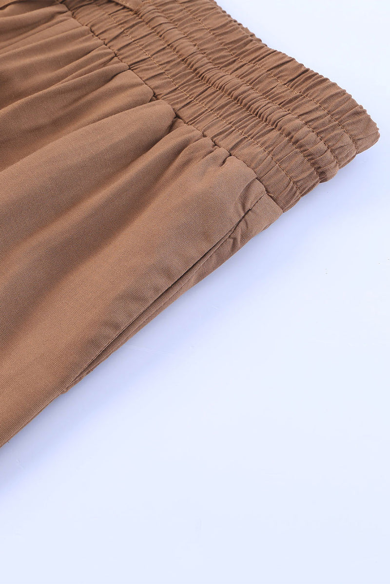 Brown Casual Drawstring Shirred Elastic Waist Wide Leg Pants