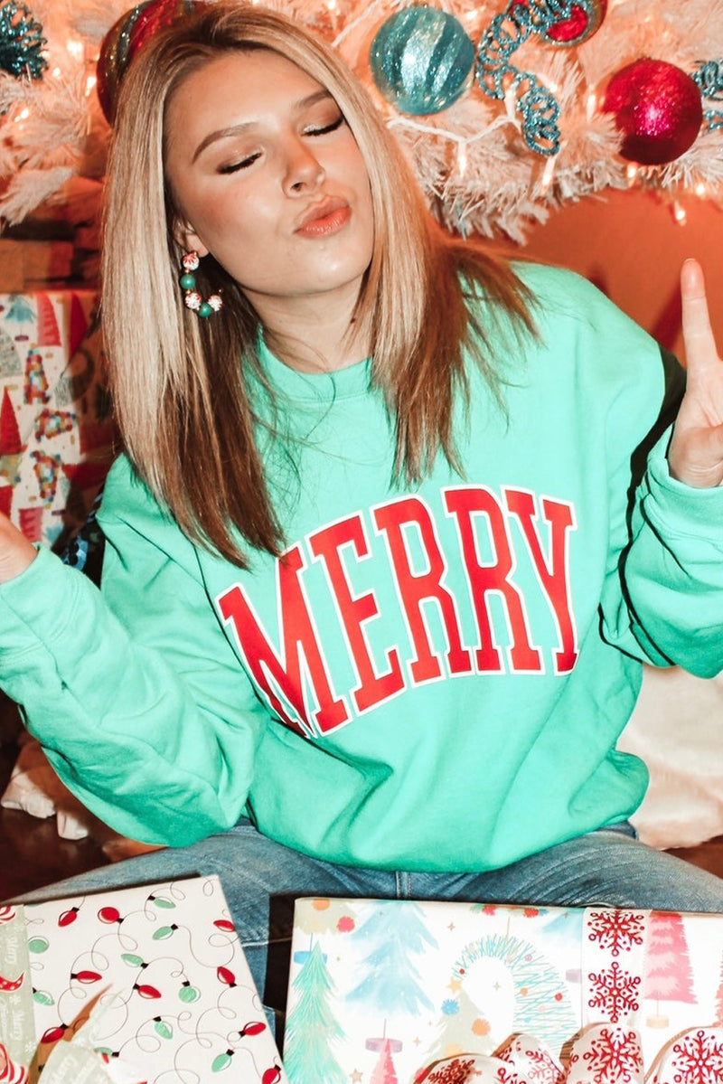 Green MERRY Print Drop Sleeve Pullover Sweatshirt