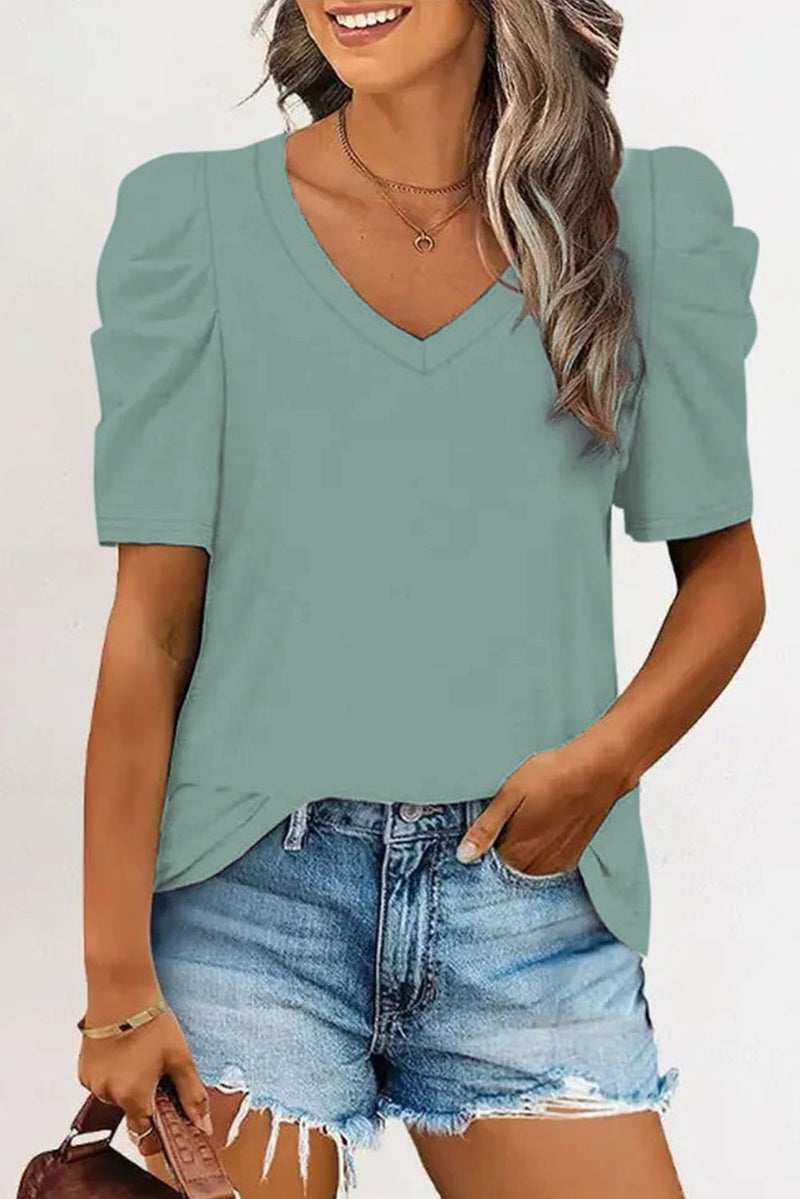 Green Solid Puff Sleeve Casual V Neck T-Shirt