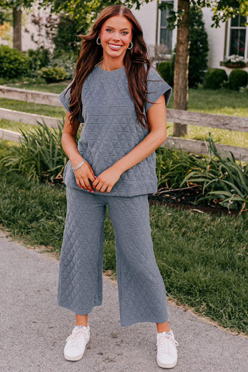 Blue Quilted Textured Short Sleeve Top and Wide Leg Pants Set