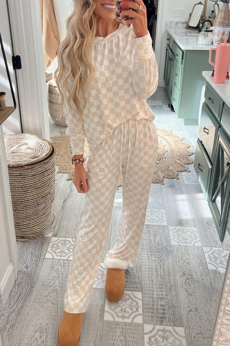 Beige Checkered Print Long Sleeve Loose Fit Pajama Set