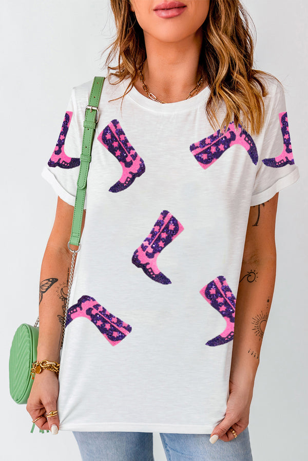 White Sequin Boots Graphic Round Neck T Shirt