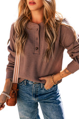 Chestnut Plain Waffle Knit Long Sleeve Henley Top