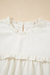 White Solid Color Ruffle Trim Waffle Textured Blouse