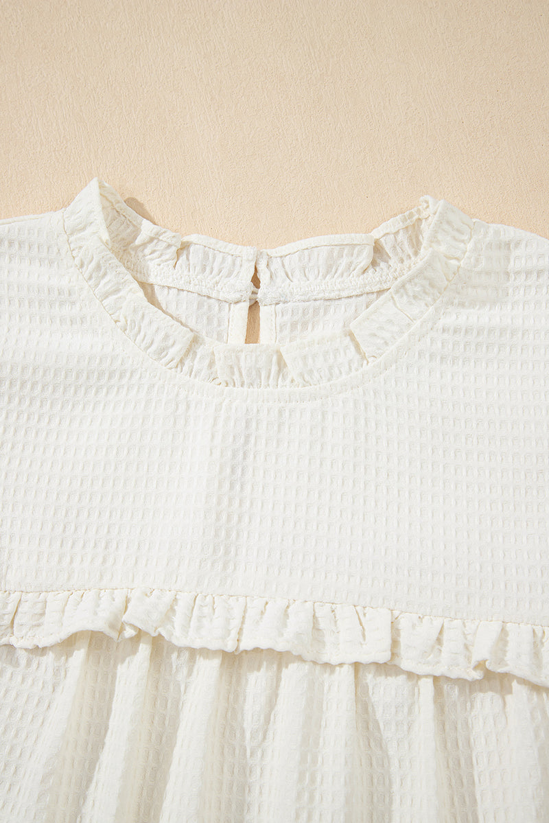 White Solid Color Ruffle Trim Waffle Textured Blouse