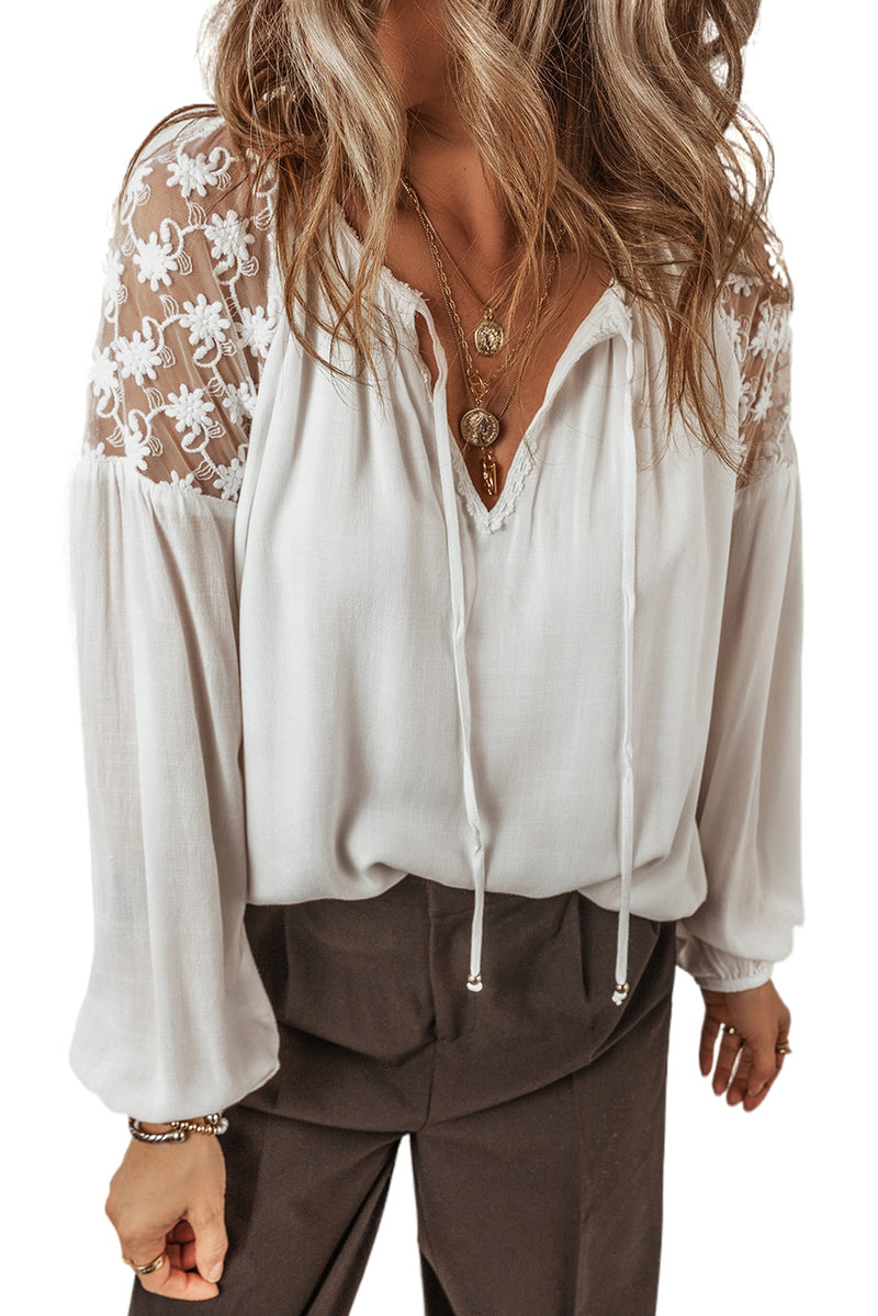 White Floral Lace Patchwork Lantern Sleeve V Neck Blouse