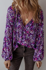 Purple Boho Ditsy Floral Split V Neck Bubble Sleeve Blouse