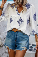 White Boho Geometric Print V Neck Plus Size Blouse