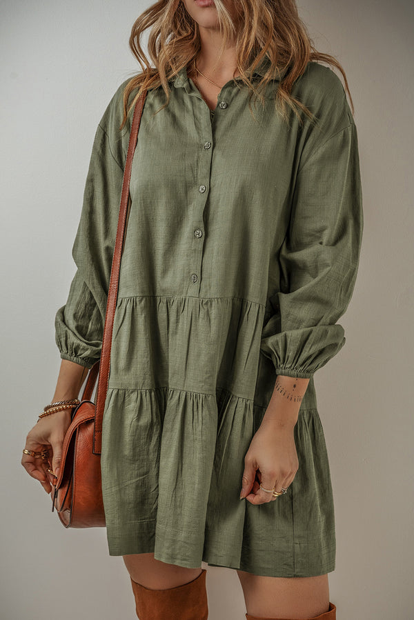 Jungle Green Puff Sleeve Buttoned Tiered Pleated Mini Shirt Dress