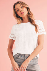 White Eyelet Embroidery Scalloped Short Sleeve Blouse