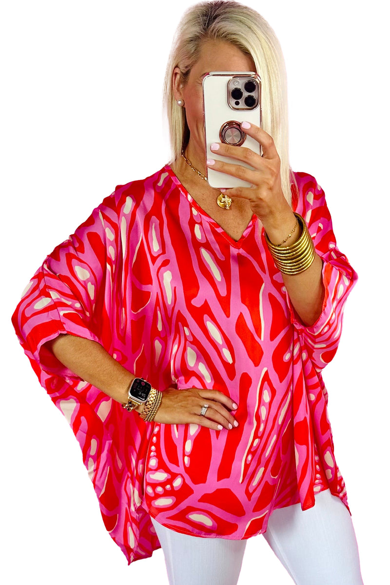 Red Abstract Print V Neck Batwing Sleeve Oversized Blouse