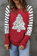 Red Leopard Christmas Tree Striped Graphic Top